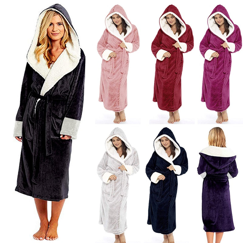 Bathrobe Long Sleeved Bathrobe Hooded Plush Robe Women Shawl long