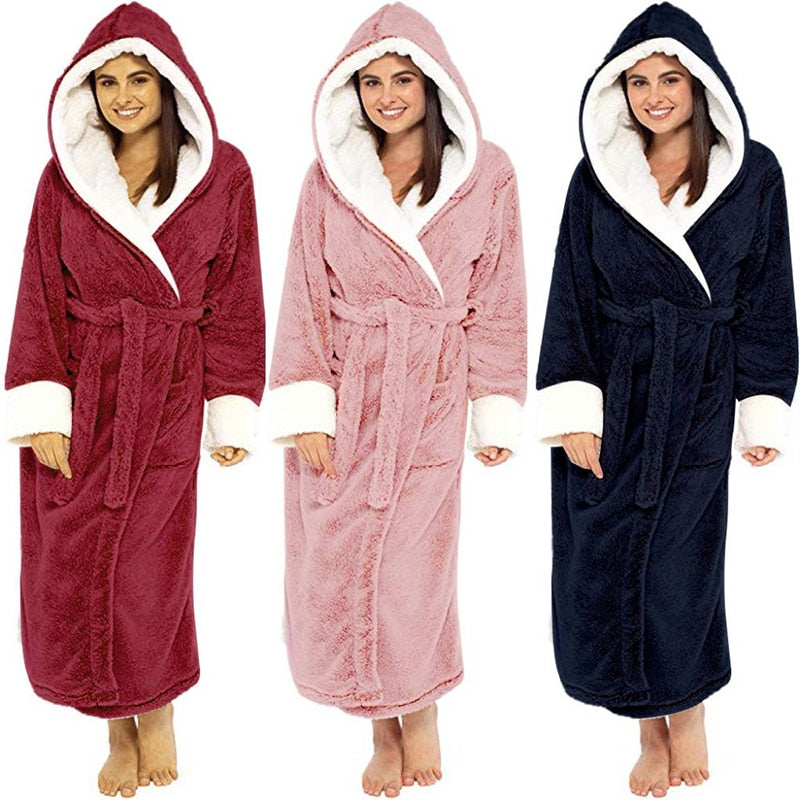Bathrobe Long Sleeved Bathrobe Hooded Plush Robe Women Shawl long