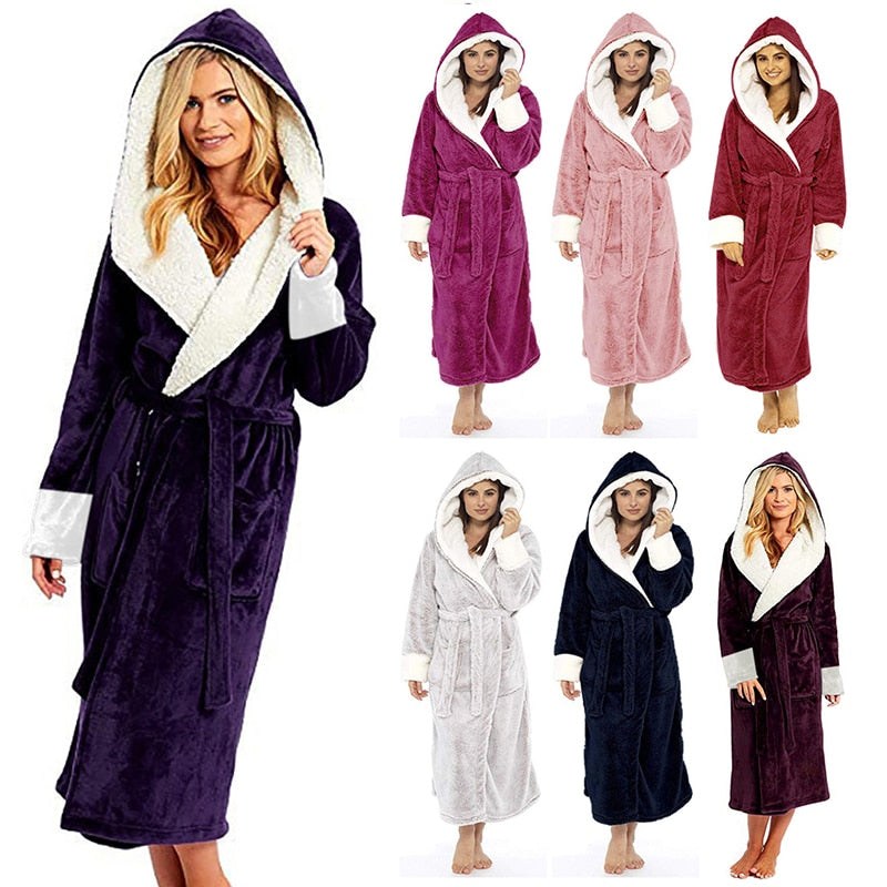 Bathrobe Long Sleeved Bathrobe Hooded Plush Robe Women Shawl long