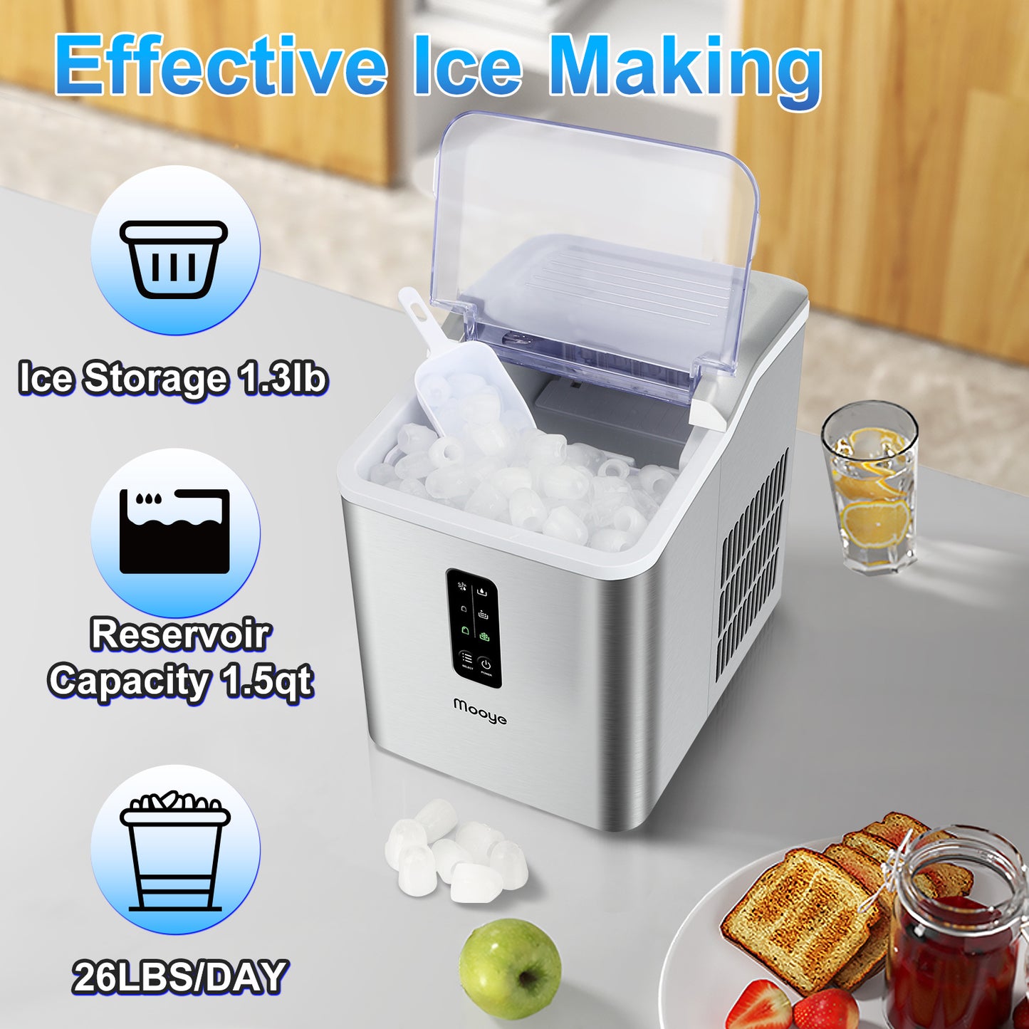 Countertop Ice Maker Machine, 26.5 lbs in 24Hrs, Electric ice Maker and Compact ice Machine with Ice Scoop and Basket, 2 Sizes of Bullet Ice for Home/Kitchen/Office