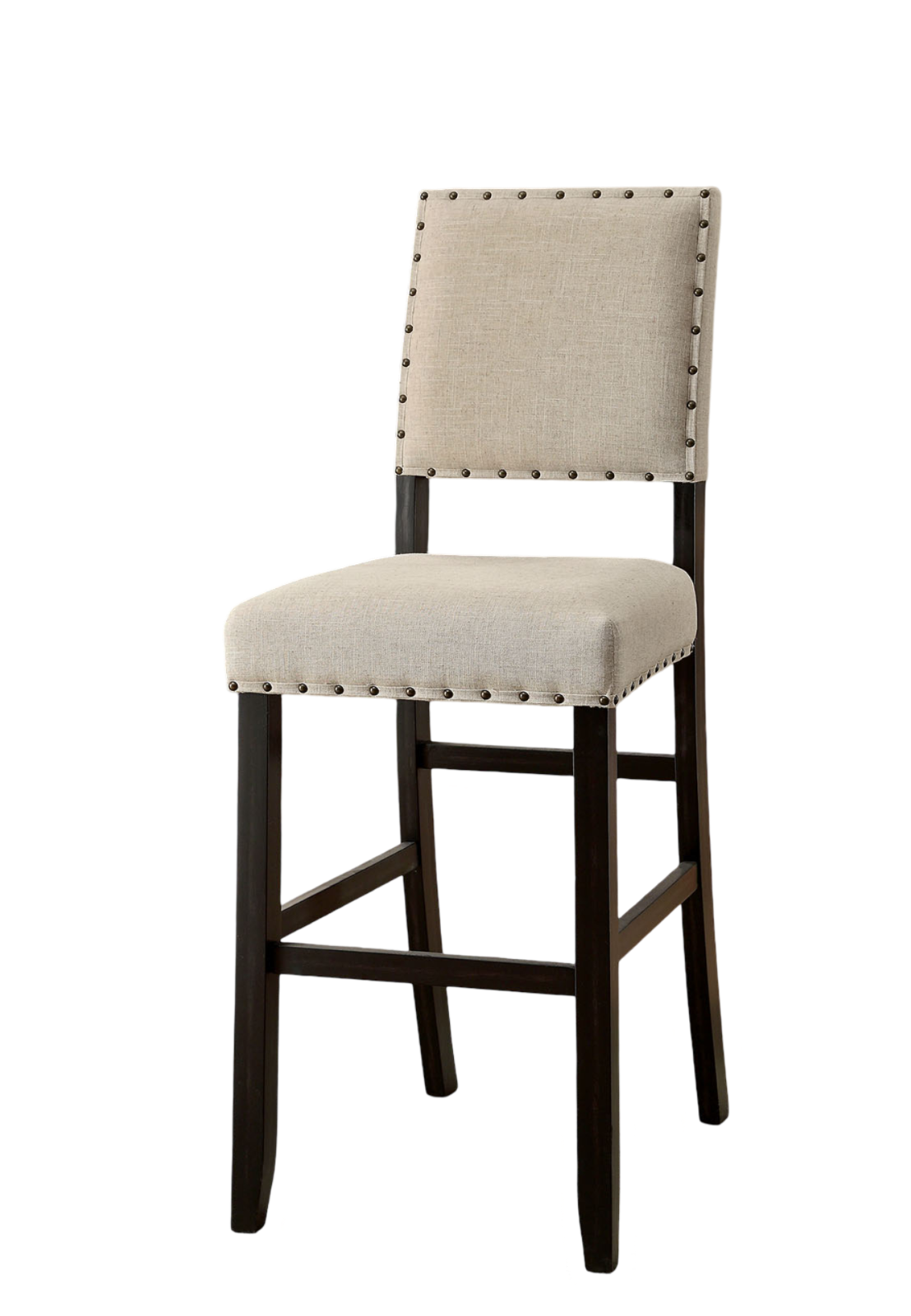 Antique Black Wooden 5pc Counter Height Dining Bar Set Table And 4x Chairs Ivory Linen Like Fabric Cushions Nailhead Trim Bar Chairs