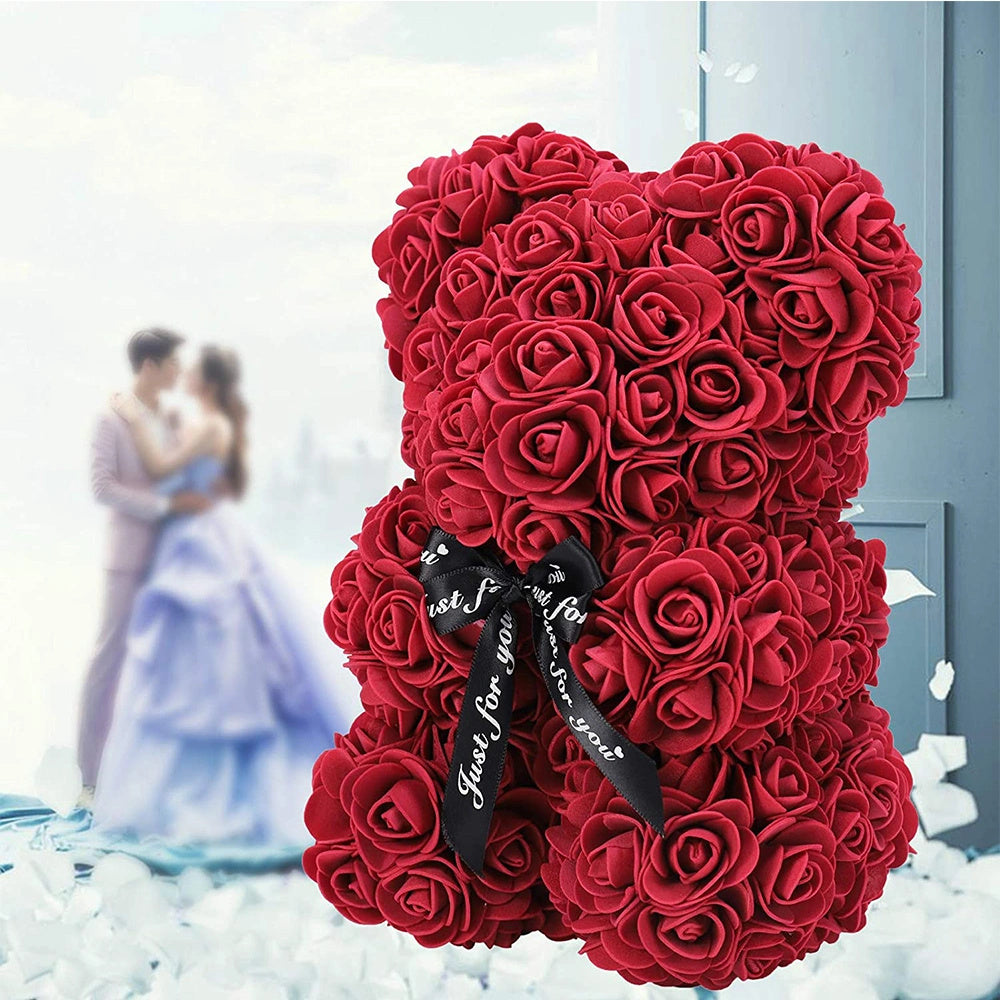 Gifts for Women - Rose Bear - Rose Flower Bear Hand Made Rose Teddy Bear - Gift for Valentines Day; Mothers Day; Wedding and Anniversary & Bridal Showers - w/Clear Clear Gift Box 10 Inch (Red)
