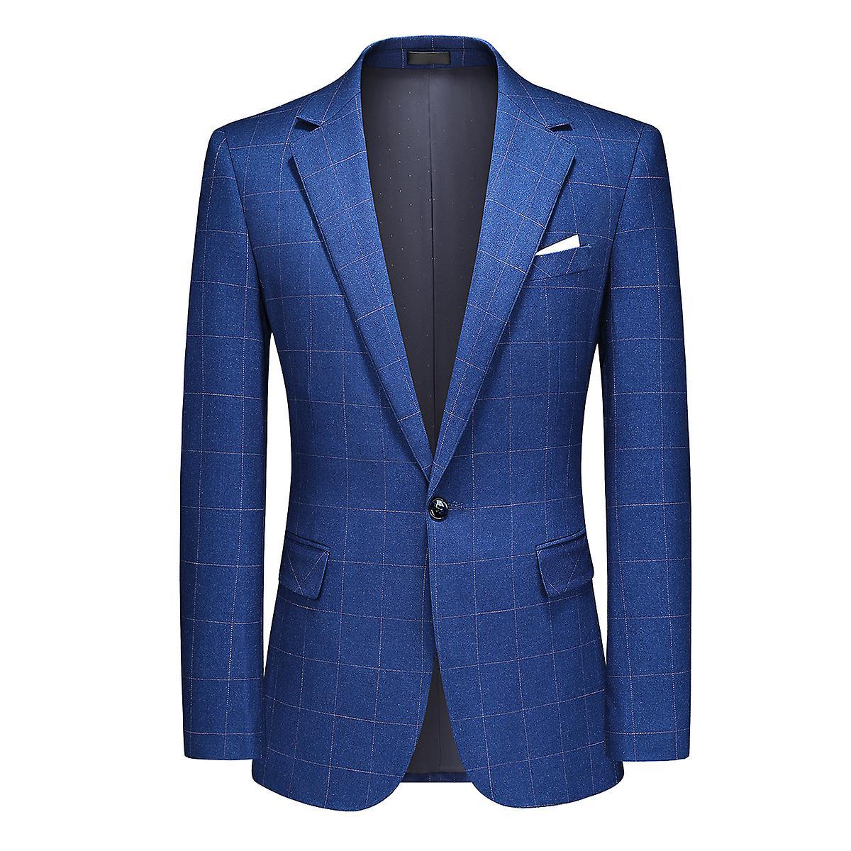 Men's Business Casual Mature Style One-button Plaid Striped Back Double-split Blazer