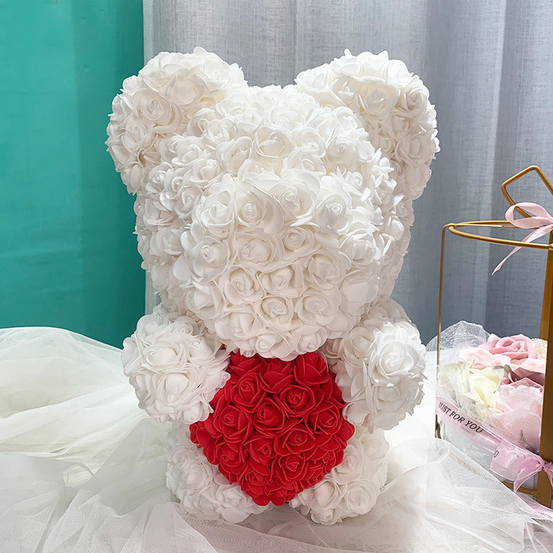 Gifts for Women - Rose Bear - Rose Flower Bear Hand Made Rose Teddy Bear - Gift for Valentines Day; Mothers Day; Wedding and Anniversary & Bridal Showers - w/Clear Clear Gift Box 10 Inch (Red)