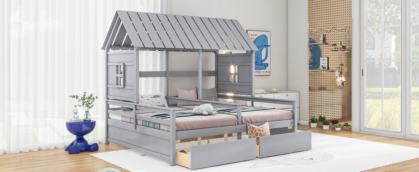Twin Size House Platform Beds with Two Drawers for Boy and Girl Shared Beds, Combination of 2 Side by Side Twin Size Beds, Gray