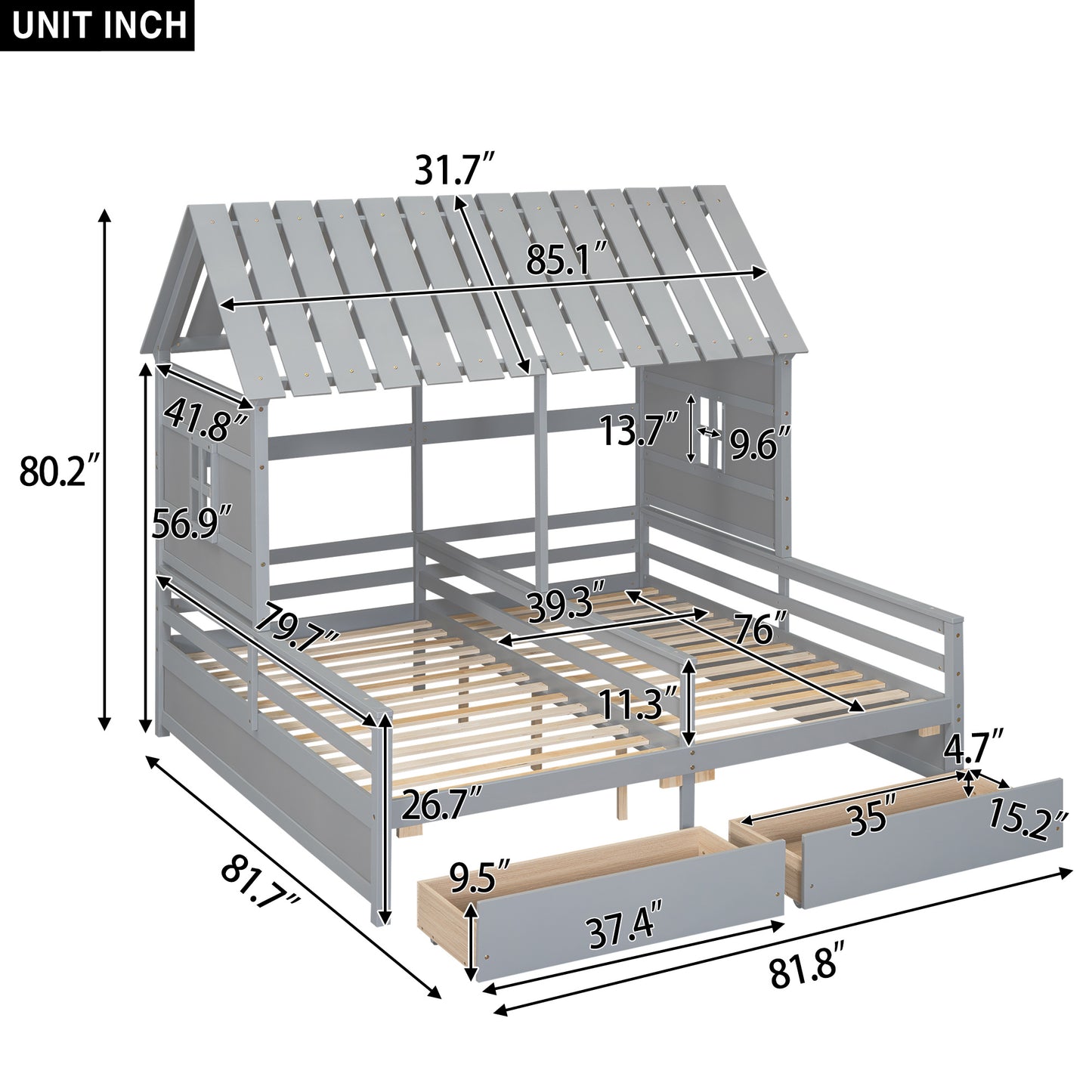 Twin Size House Platform Beds with Two Drawers for Boy and Girl Shared Beds, Combination of 2 Side by Side Twin Size Beds, Gray