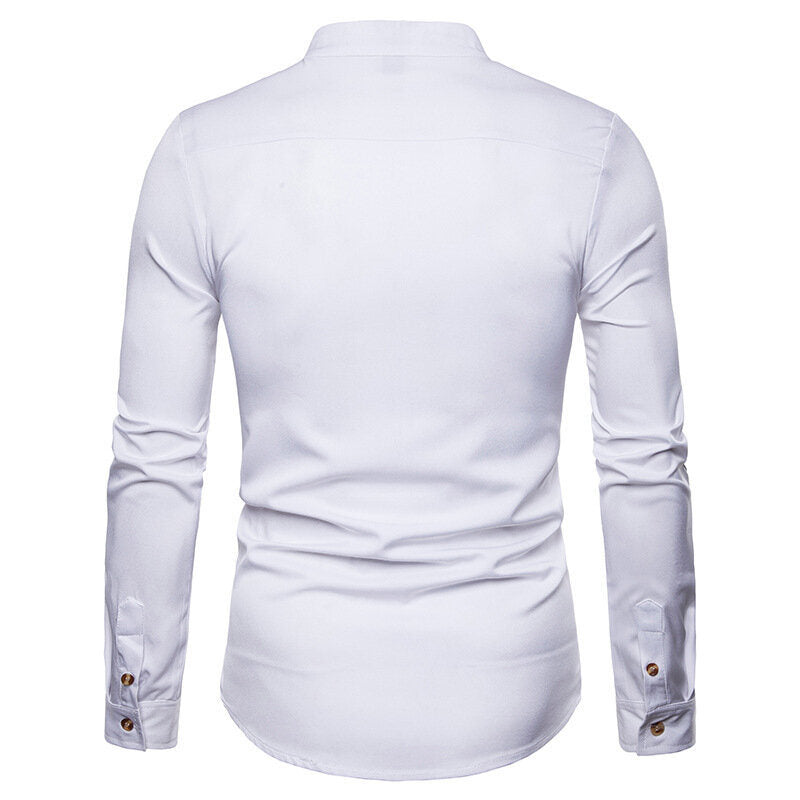 Mens Mandarin Collar Long Sleeve Casual Dress Shirt