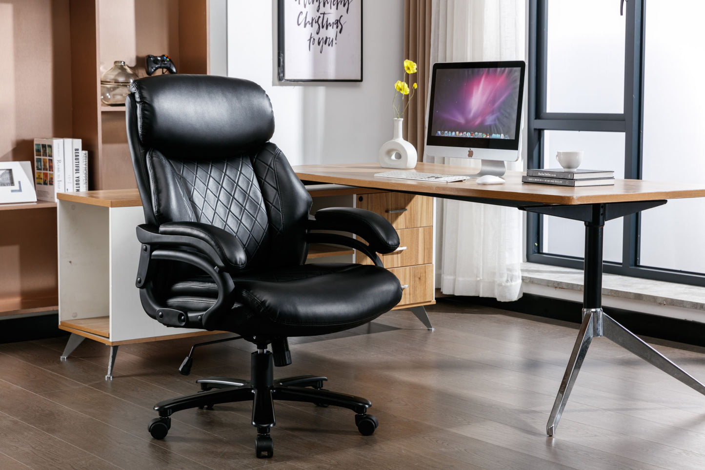 Leather office Chair ; PU faux leather; till function 90-110 degree; black color max uploaded 400LBS