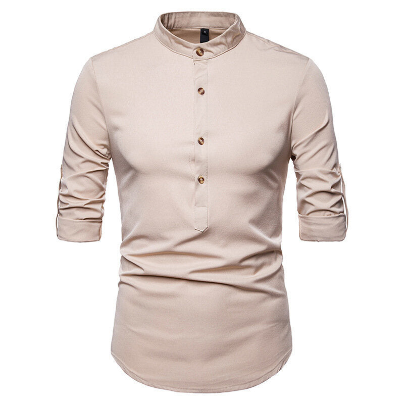 Mens Mandarin Collar Long Sleeve Casual Dress Shirt
