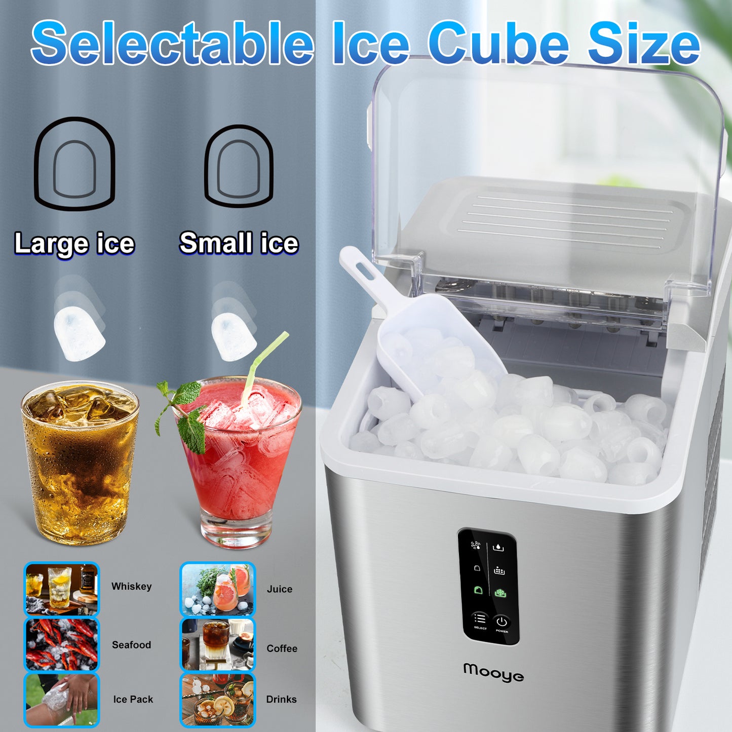 Countertop Ice Maker Machine, 26.5 lbs in 24Hrs, Electric ice Maker and Compact ice Machine with Ice Scoop and Basket, 2 Sizes of Bullet Ice for Home/Kitchen/Office
