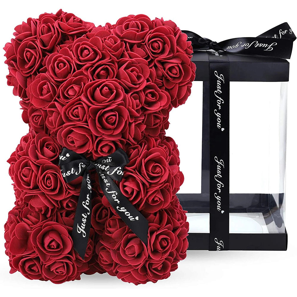 Gifts for Women - Rose Bear - Rose Flower Bear Hand Made Rose Teddy Bear - Gift for Valentines Day; Mothers Day; Wedding and Anniversary & Bridal Showers - w/Clear Clear Gift Box 10 Inch (Red)