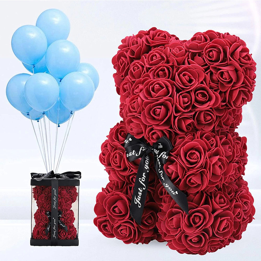 Gifts for Women - Rose Bear - Rose Flower Bear Hand Made Rose Teddy Bear - Gift for Valentines Day; Mothers Day; Wedding and Anniversary & Bridal Showers - w/Clear Clear Gift Box 10 Inch (Red)