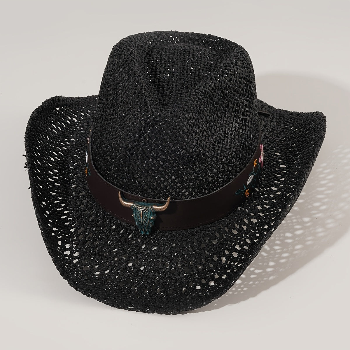 Men's And Women's Cowboy Hat British Retro New Summer Hollow Cow Head Belt Hat Sunscreen Sunscreen Woven Straw Hat