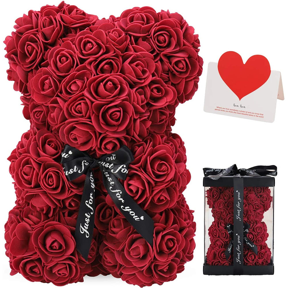 Gifts for Women - Rose Bear - Rose Flower Bear Hand Made Rose Teddy Bear - Gift for Valentines Day; Mothers Day; Wedding and Anniversary & Bridal Showers - w/Clear Clear Gift Box 10 Inch (Red)