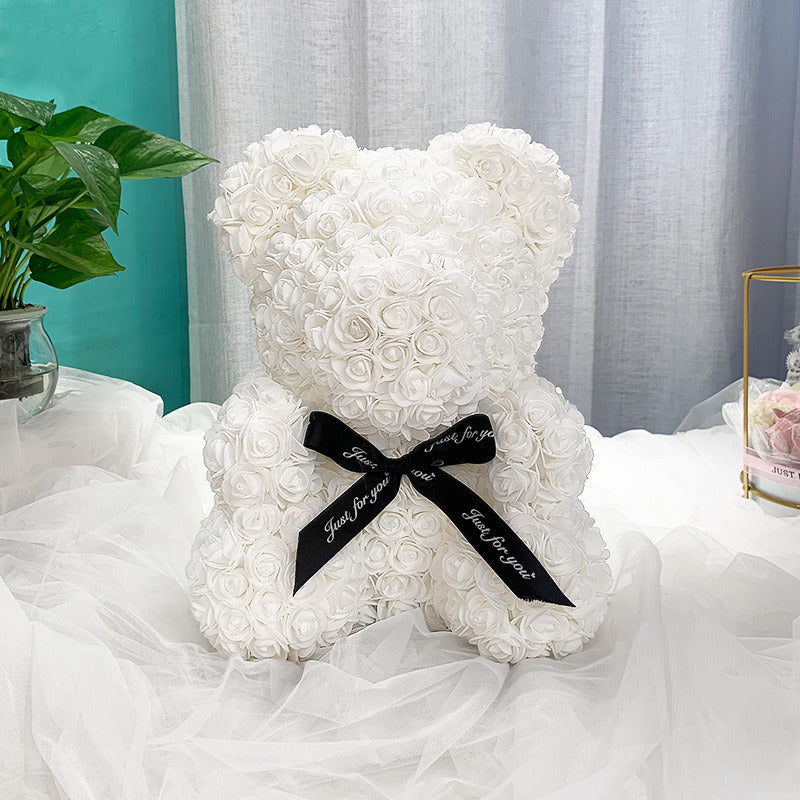 Gifts for Women - Rose Bear - Rose Flower Bear Hand Made Rose Teddy Bear - Gift for Valentines Day; Mothers Day; Wedding and Anniversary & Bridal Showers - w/Clear Clear Gift Box 10 Inch (Red)
