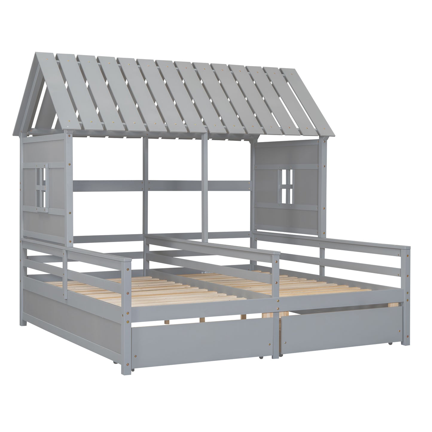 Twin Size House Platform Beds with Two Drawers for Boy and Girl Shared Beds, Combination of 2 Side by Side Twin Size Beds, Gray