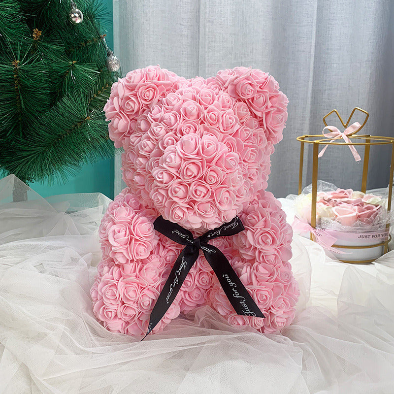 Gifts for Women - Rose Bear - Rose Flower Bear Hand Made Rose Teddy Bear - Gift for Valentines Day; Mothers Day; Wedding and Anniversary & Bridal Showers - w/Clear Clear Gift Box 10 Inch (Red)