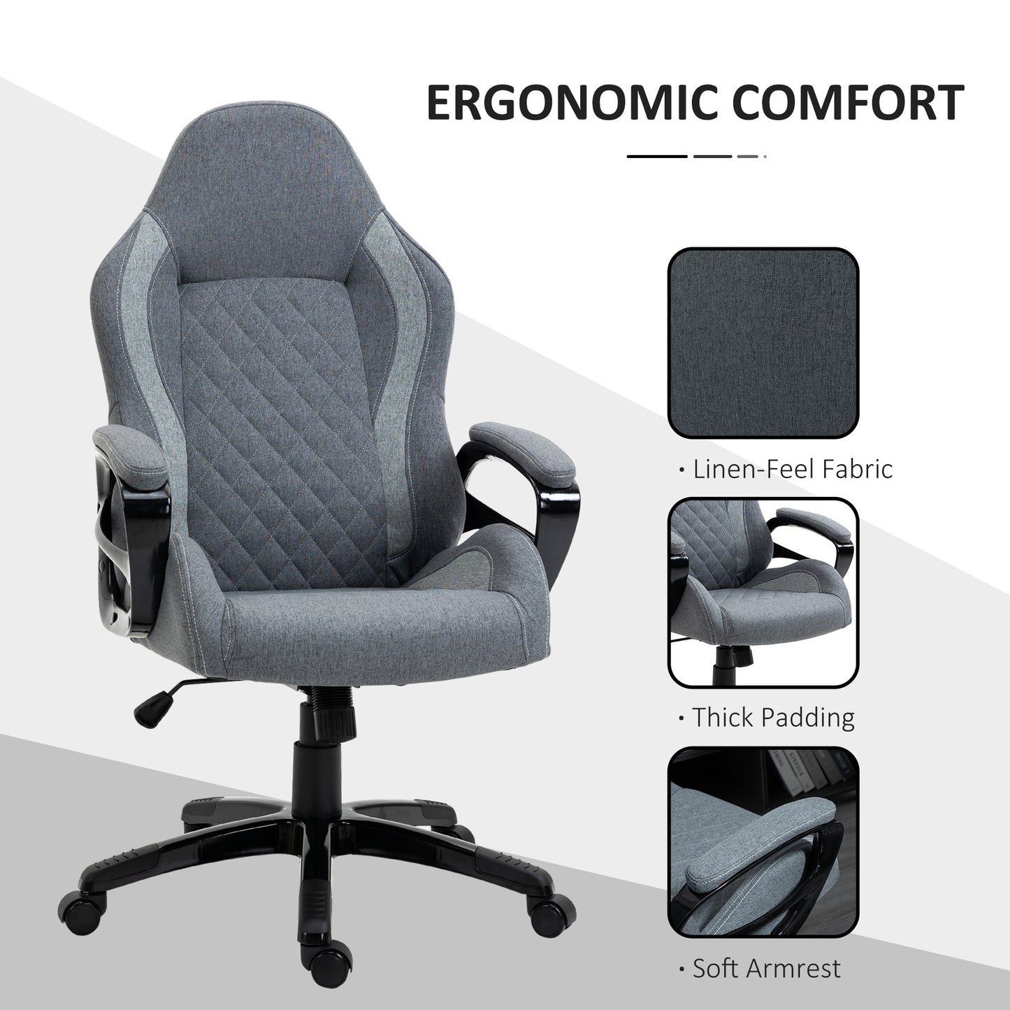 Ergonomic Home Office Chair High Back Task Computer Desk Chair with Padded Armrests, Linen Fabric, Swivel Wheels, and Adjustable Height, Grey