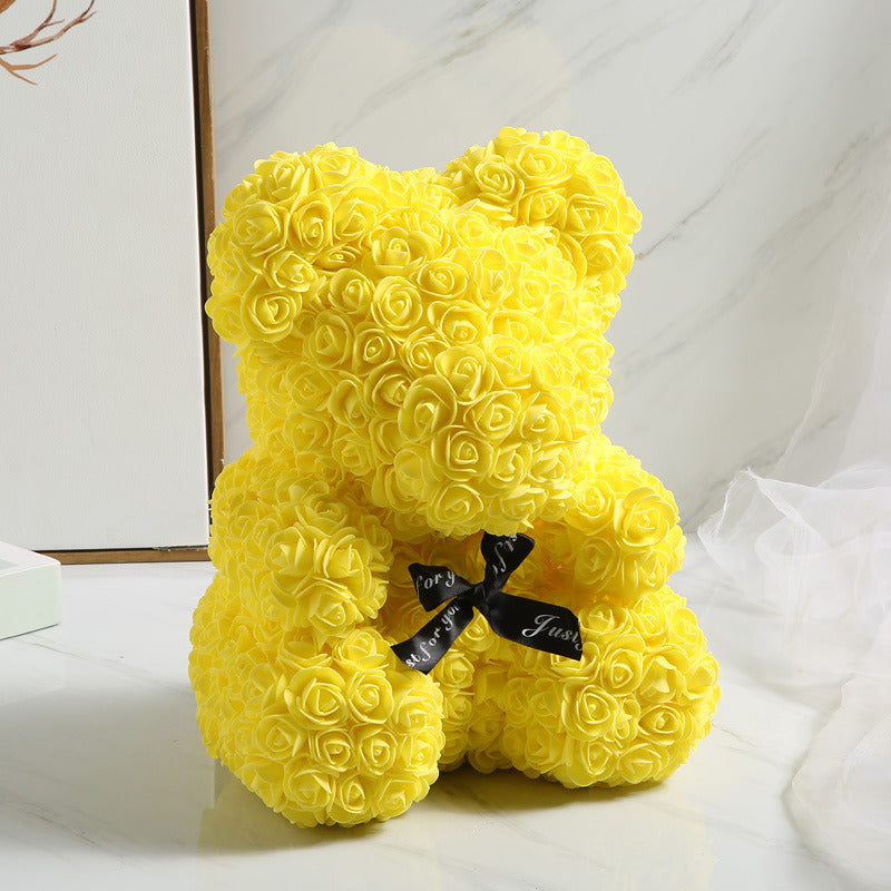Gifts for Women - Rose Bear - Rose Flower Bear Hand Made Rose Teddy Bear - Gift for Valentines Day; Mothers Day; Wedding and Anniversary & Bridal Showers - w/Clear Clear Gift Box 10 Inch (Red)