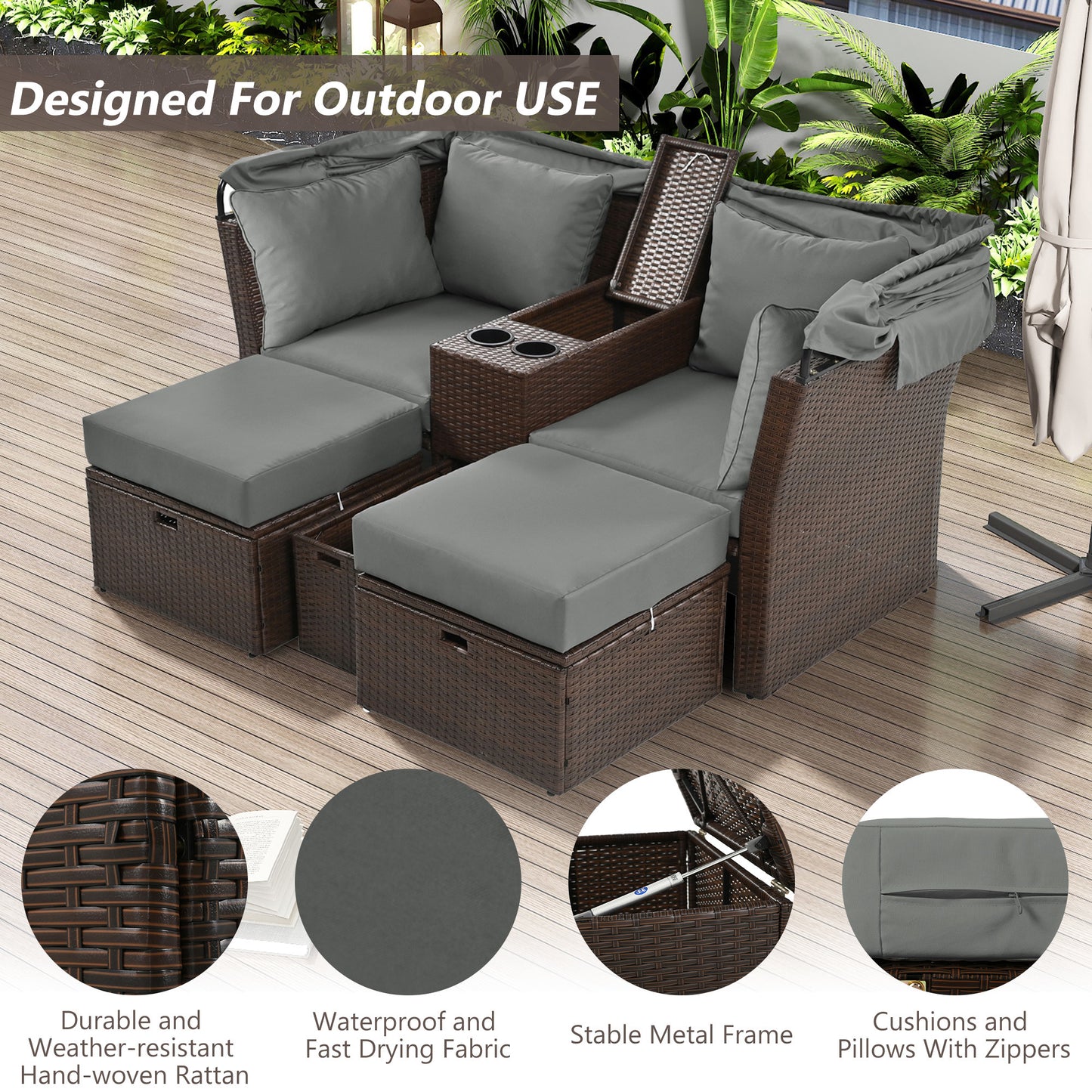 2-Seater Outdoor Patio Daybed Outdoor Double Daybed Outdoor Loveseat Sofa Set with Foldable Awning and Cushions for Garden, Balcony, Poolside