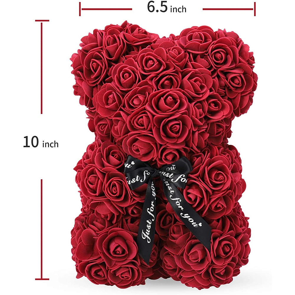 Gifts for Women - Rose Bear - Rose Flower Bear Hand Made Rose Teddy Bear - Gift for Valentines Day; Mothers Day; Wedding and Anniversary & Bridal Showers - w/Clear Clear Gift Box 10 Inch (Red)