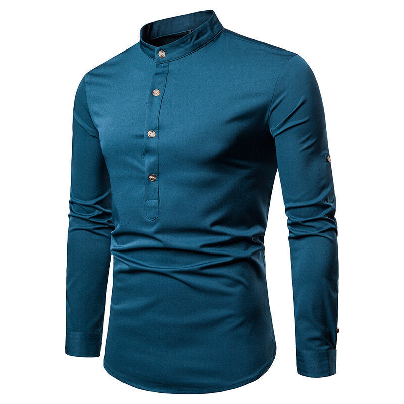 Mens Mandarin Collar Long Sleeve Casual Dress Shirt