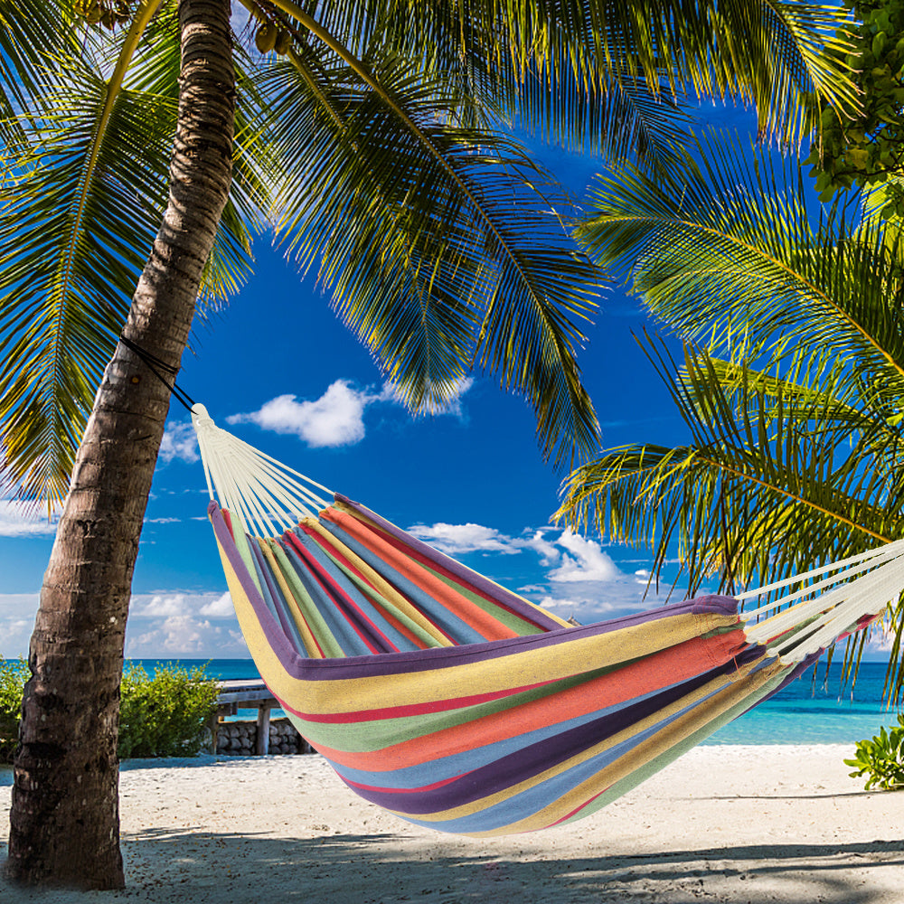 Polyester Cotton Hammock Small Color Stripe Natural Rope 200*150Cm With Two 2M Tie Ropes Back Bag AL