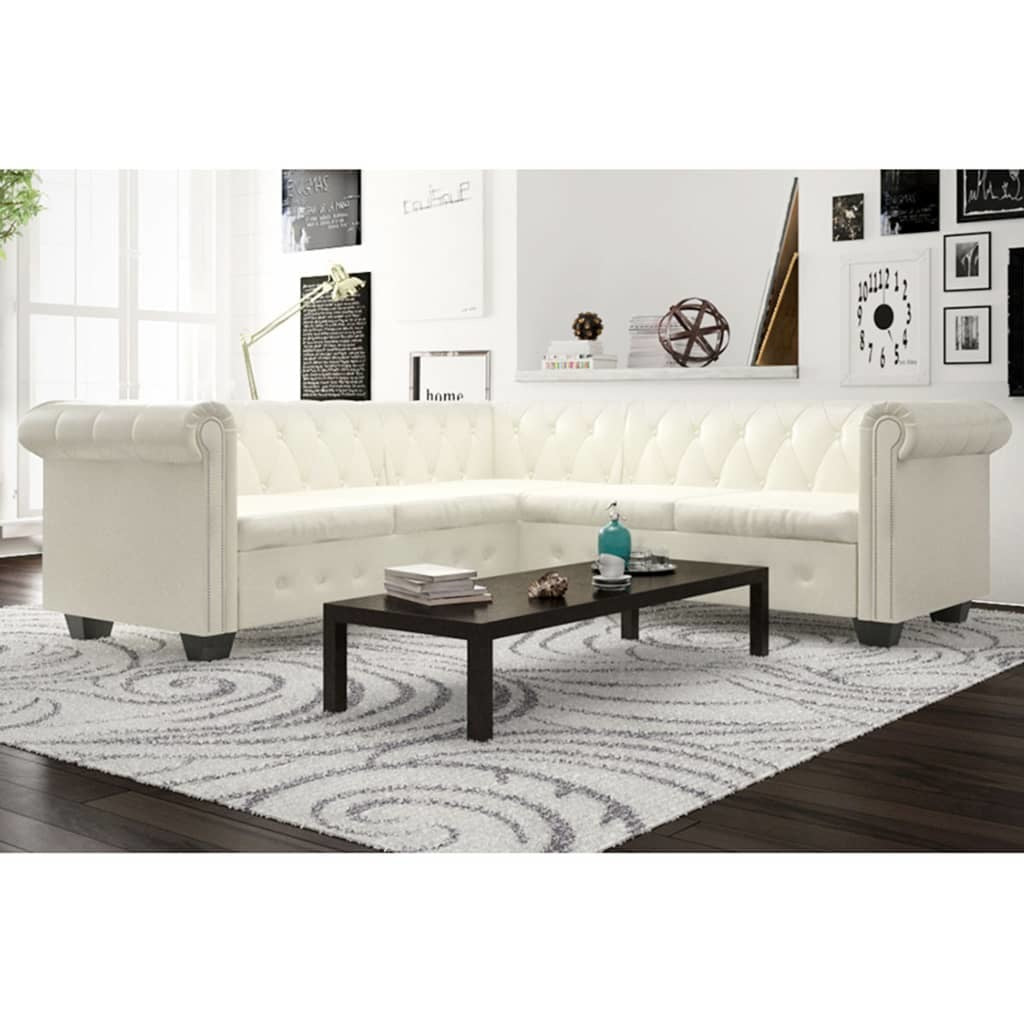 Chesterfield Corner Sofa 5-Seater White Faux Leather