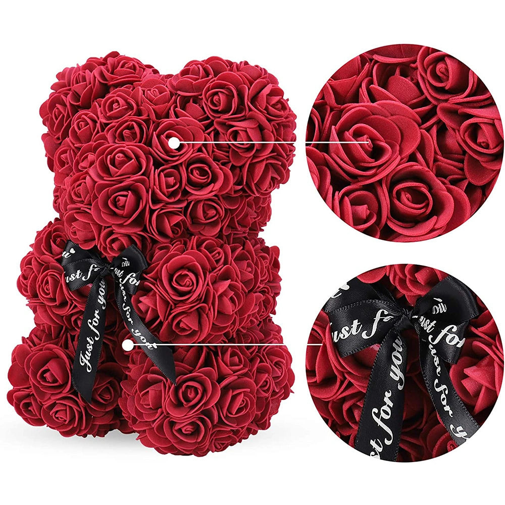 Gifts for Women - Rose Bear - Rose Flower Bear Hand Made Rose Teddy Bear - Gift for Valentines Day; Mothers Day; Wedding and Anniversary & Bridal Showers - w/Clear Clear Gift Box 10 Inch (Red)