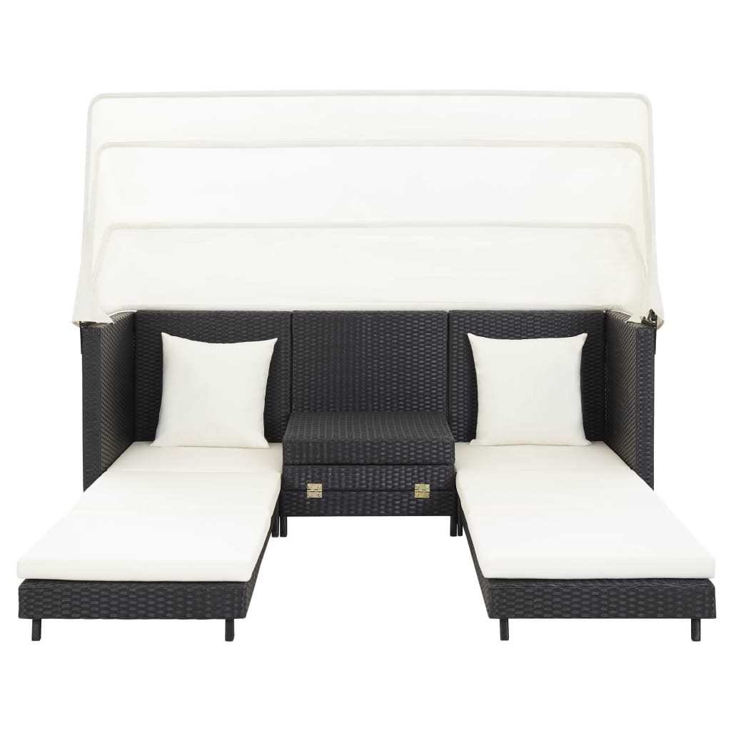 Extendable 3-Seater Sofa Bed with Roof Poly Rattan Black