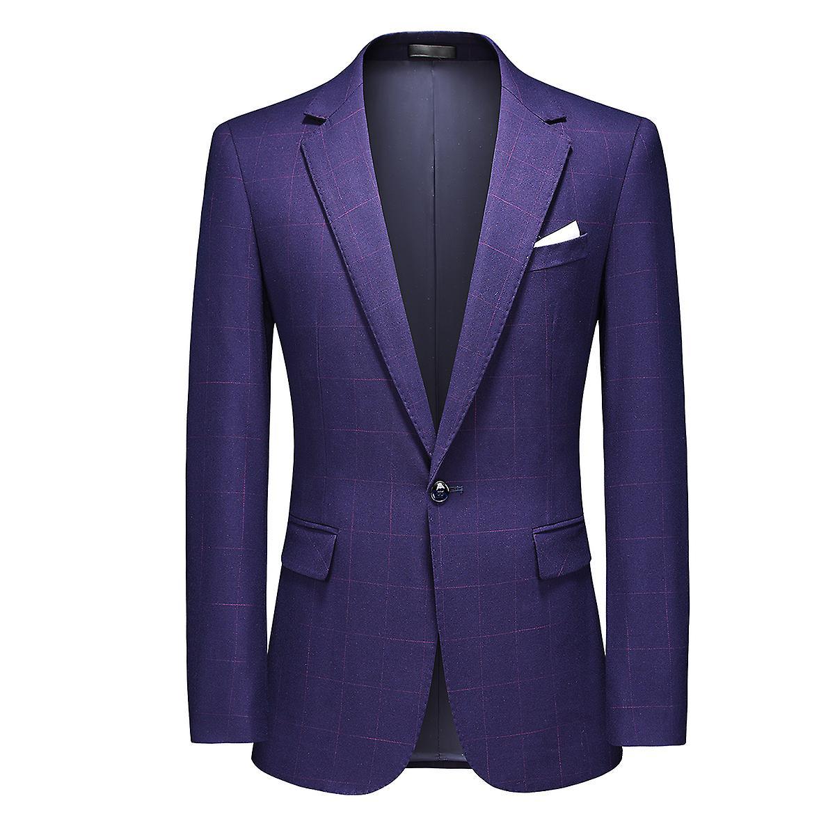 Men's Business Casual Mature Style One-button Plaid Striped Back Double-split Blazer