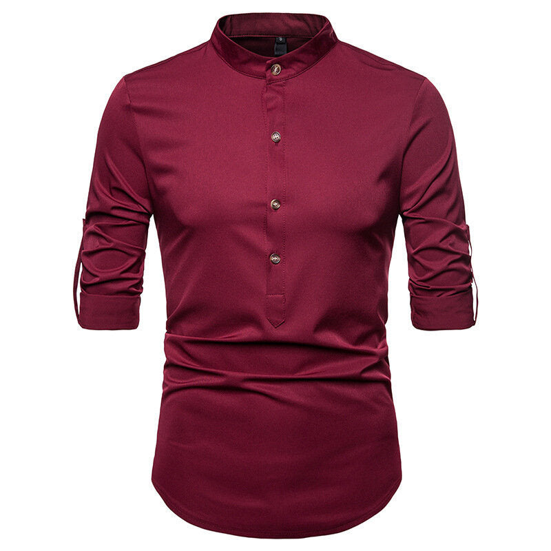 Mens Mandarin Collar Long Sleeve Casual Dress Shirt