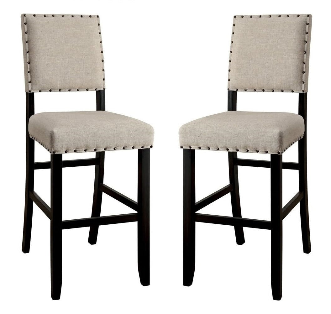 Antique Black Wooden 5pc Counter Height Dining Bar Set Table And 4x Chairs Ivory Linen Like Fabric Cushions Nailhead Trim Bar Chairs
