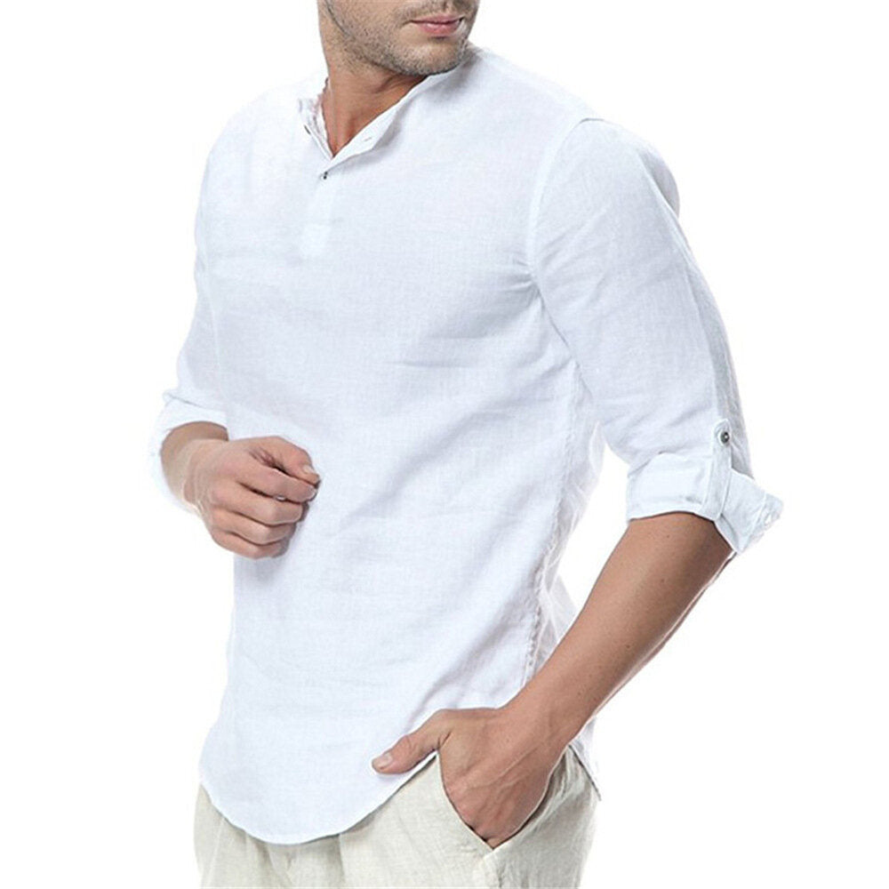 Mens Linen Cotton Henley Shirt Casual Long Sleeve Tops