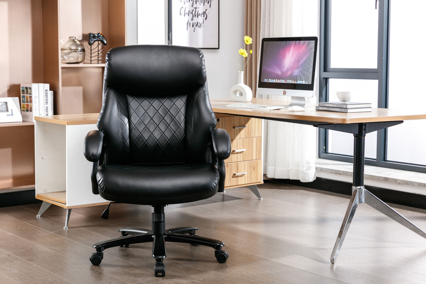 Leather office Chair ; PU faux leather; till function 90-110 degree; black color max uploaded 400LBS