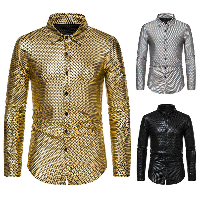 Men's Luxury Shiny Design Slim Fit Long Sleeve Button up Dress Shirts