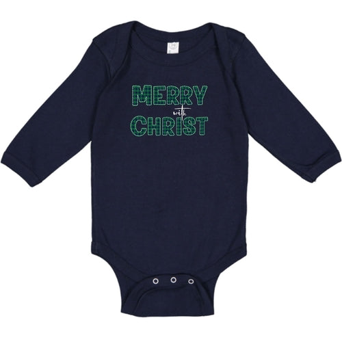 Infant Long Sleeve Graphic T-shirt, Merry With Christ, Green Plaid