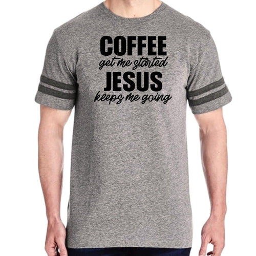 Mens Vintage Sport Graphic T-shirt Coffee Get Me Started, Jesus Keeps