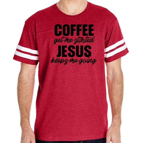 Mens Vintage Sport Graphic T-shirt Coffee Get Me Started, Jesus Keeps