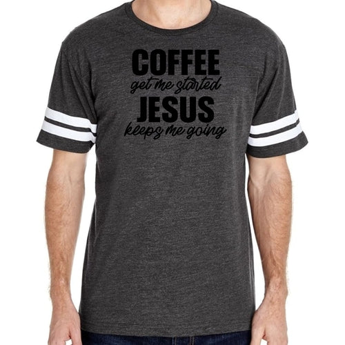 Mens Vintage Sport Graphic T-shirt Coffee Get Me Started, Jesus Keeps
