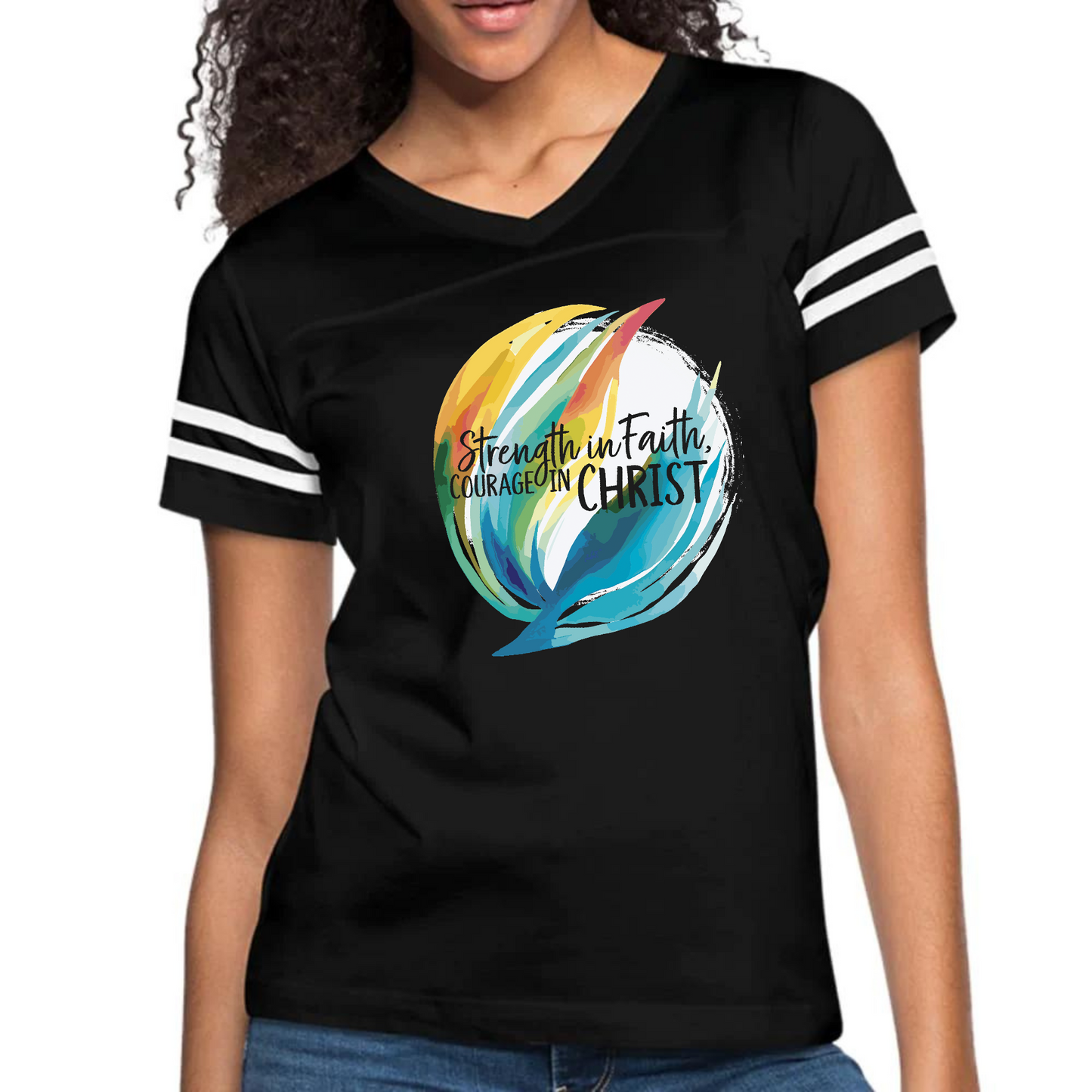 Womens Vintage Sport Graphic T-shirt, Strength In Faith, Courage