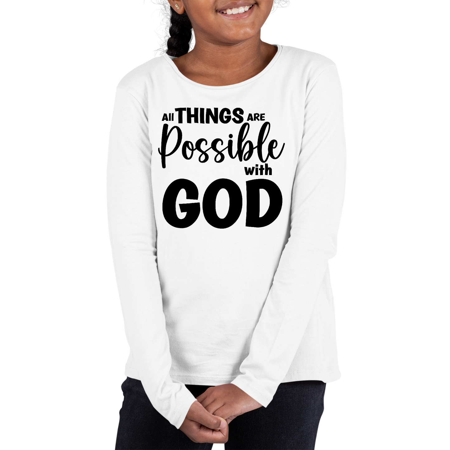 Youth Long Sleeve Graphic T-shirt, All Things Are Possible With God -