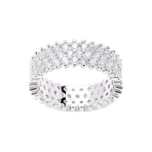 Rhodium Plated Wide 3 Row Eternity Ring Band for Women with CZ Stones by Matashi Size 7