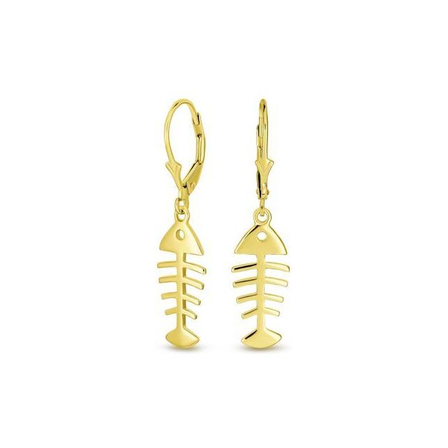 Nautical Tropical Beach Small Fishbone Leverback Dangle Earrings For Women For Teen 14K Gold Plated Sterling Silver