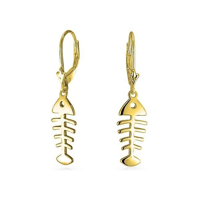 Nautical Tropical Beach Small Fishbone Leverback Dangle Earrings For Women For Teen 14K Gold Plated Sterling Silver