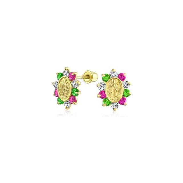 Tiny 14K Yellow Real Gold Red Green Red Cubic Zirconia CZ Religious Metal Virgin Mary Stud Earrings For Women For Teen