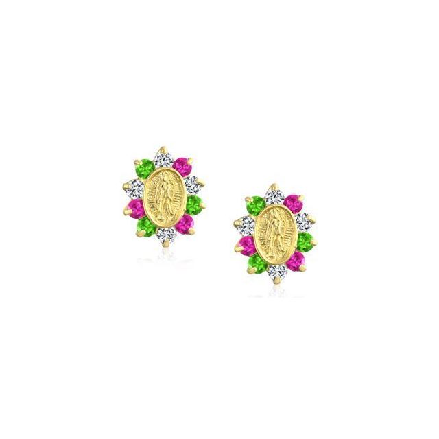 Tiny 14K Yellow Real Gold Red Green Red Cubic Zirconia CZ Religious Metal Virgin Mary Stud Earrings For Women For Teen