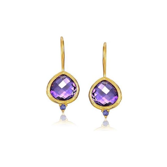 Purple Brazilian Amethyst Teardrop Solitaire Cabochon Bezel Drop Threader Earrings 14K Gold Plated Sterling Silver