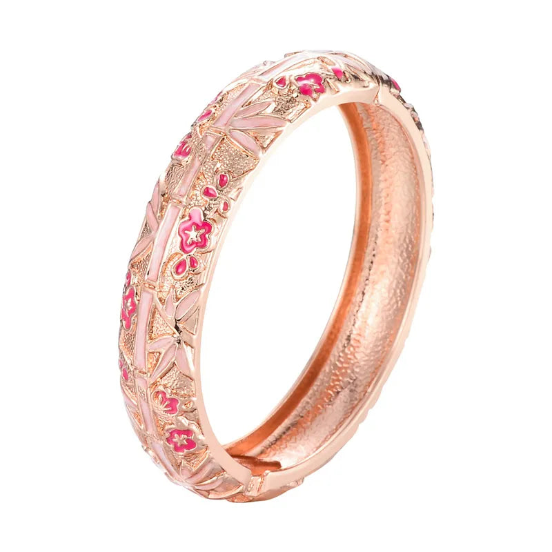 UJOY 3PCS Women's Bracelets Set Bangle On Hand Hinge Enamel Cloisonne Bangles For Women Pink Vintage Birthday Gift For Mother