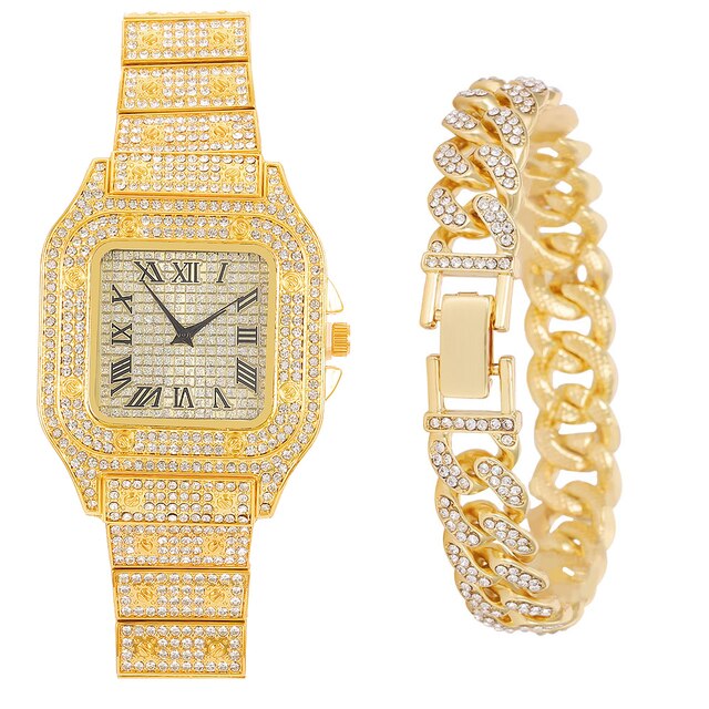 Men Watch Luxury Set Full Ice Out Gold Silver Color Watches Fashion Red Dial Quartz Wristwatch Steel Watch For Men